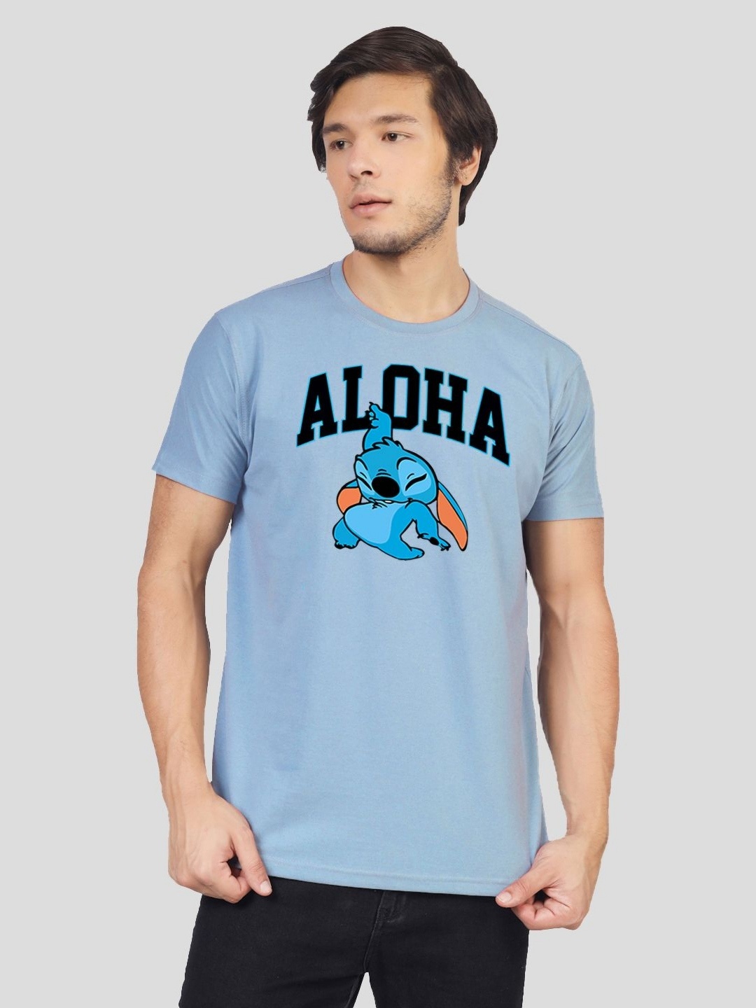 Greylongg Men Graphic Printed Round Neck Cotton T-shirt, Blue