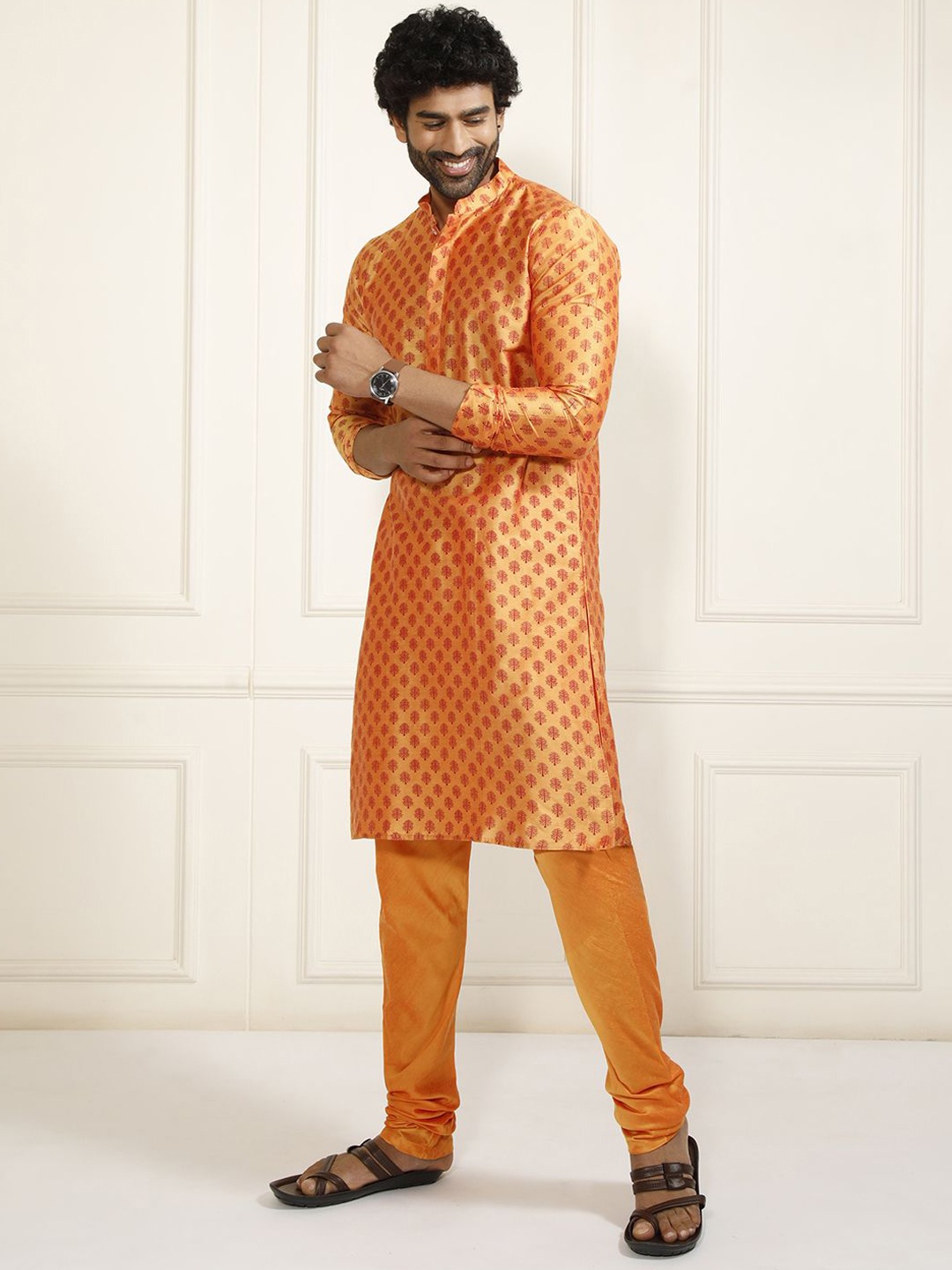 

VASTRAMAY Block Printed Mandarin Collar Straight Kurta With Churidar, Orange