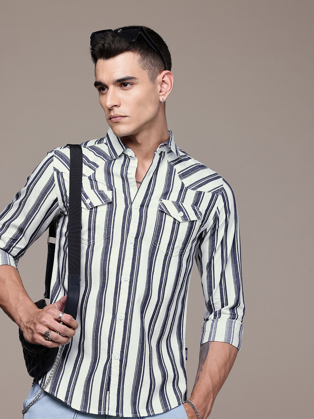 

The Roadster Life Co. Pure Cotton Opaque Striped Casual Shirt, Off white