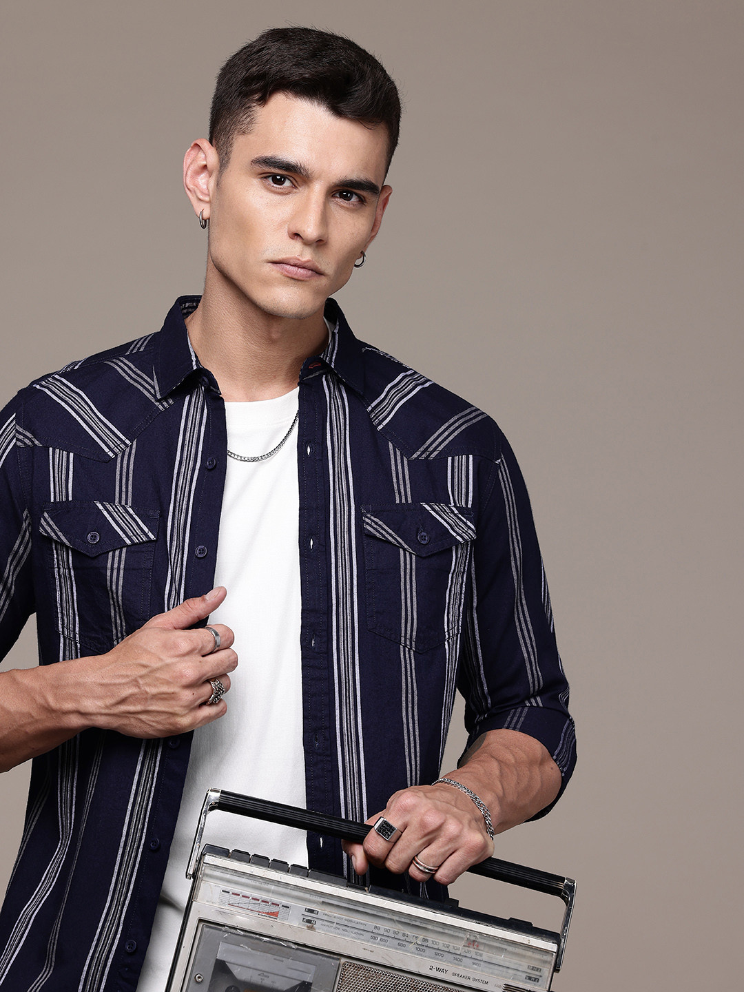 

The Roadster Life Co. Pure Cotton Opaque Striped Casual Shirt, Navy blue