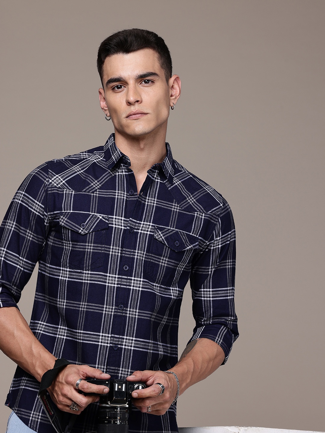 

The Roadster Life Co. Pure Cotton Tartan Checks Opaque Casual Shirt, Navy blue