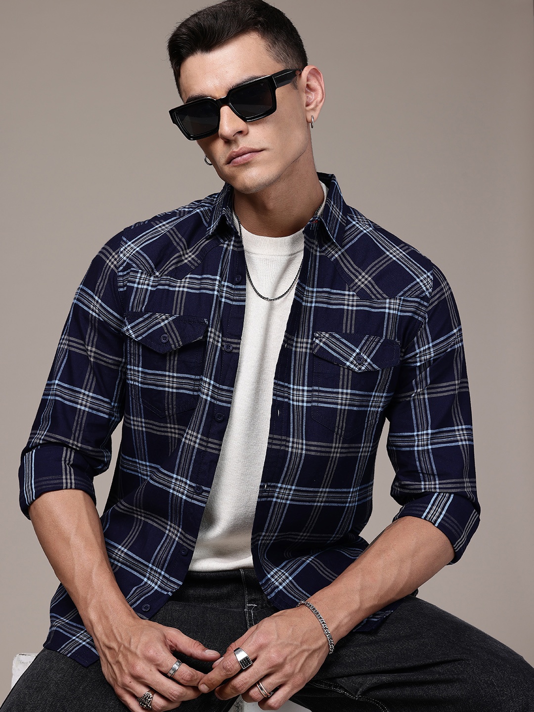 

The Roadster Life Co. Pure Cotton Tartan Checks Opaque Casual Shirt, Navy blue