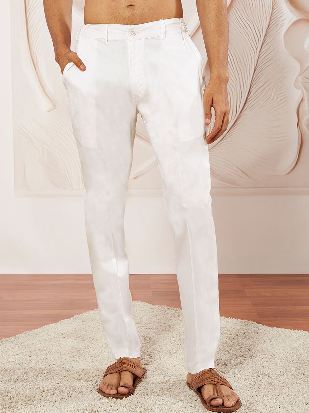

VASTRAMAY Men Cotton High-Rise Trousers, White