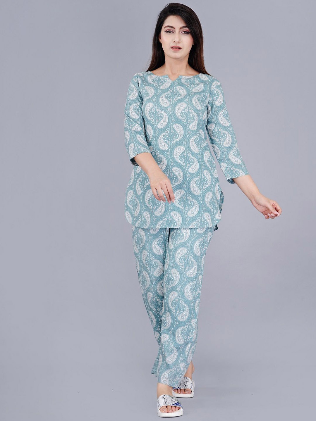 

TREND ME Printed Pure Cotton Tunic With Trouser, Blue