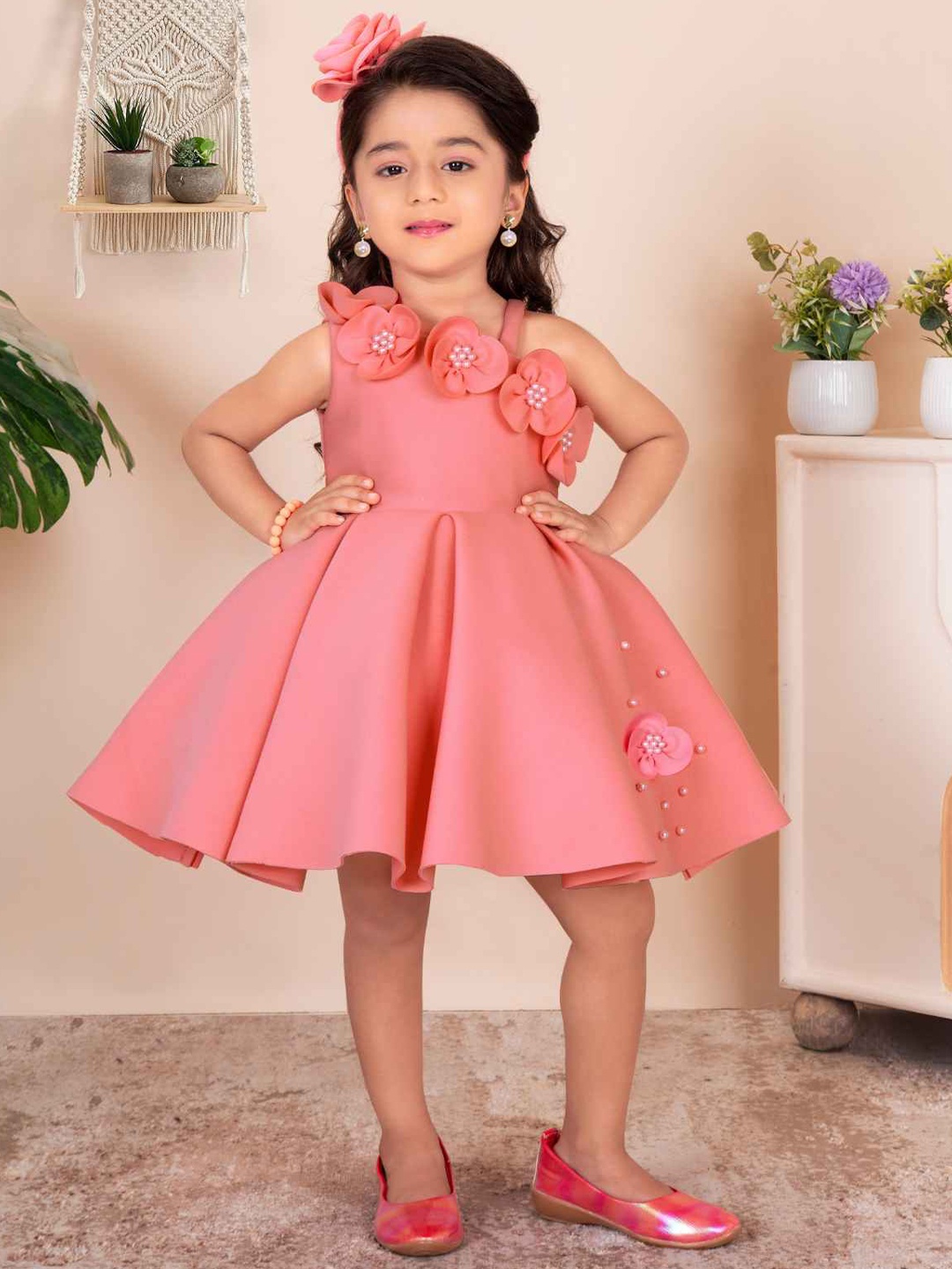 

Lagorii Girls Sleeveless Embellished With Floral & Pearl Applique Fit & Flare Dress Peach