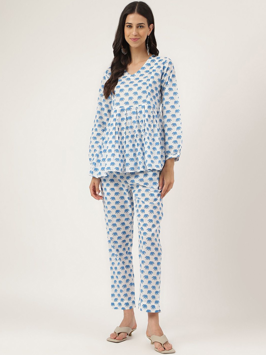 

BAESD Printed V-Neck Pure Cotton Tunic With Trouser, White