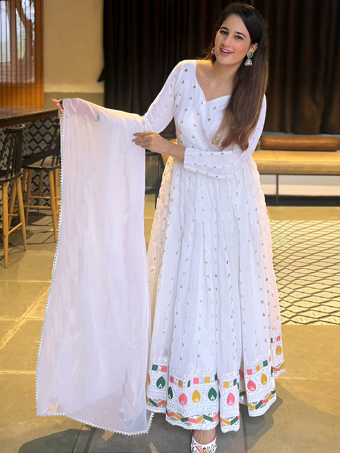 

Kedar Fab Geometric Mirror Work Sweetheart Neck Georgette Anarkali Kurta With Dupatta, White