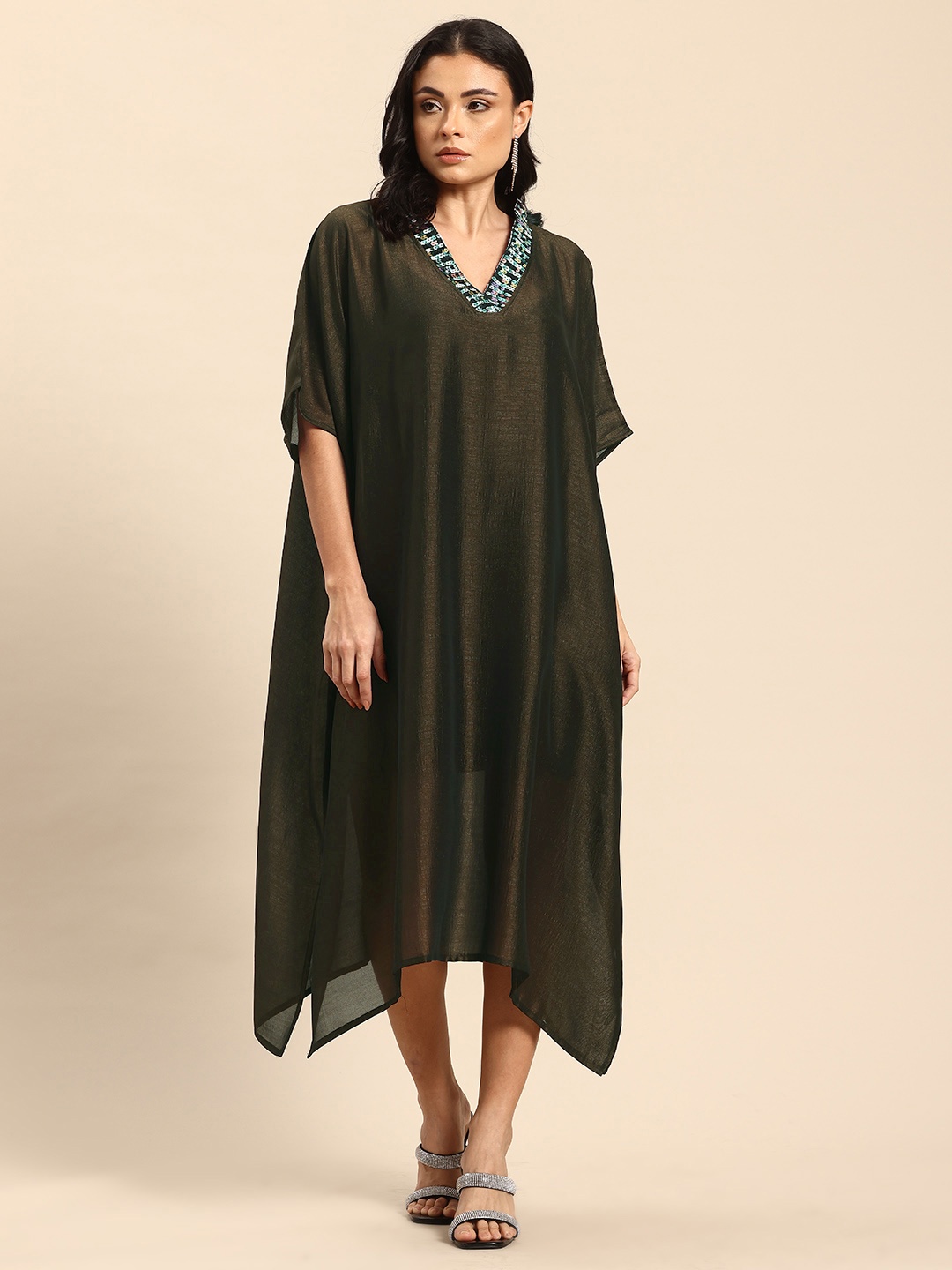 

Qurvii Kimono Sleeve Kaftan Midi Dress, Olive