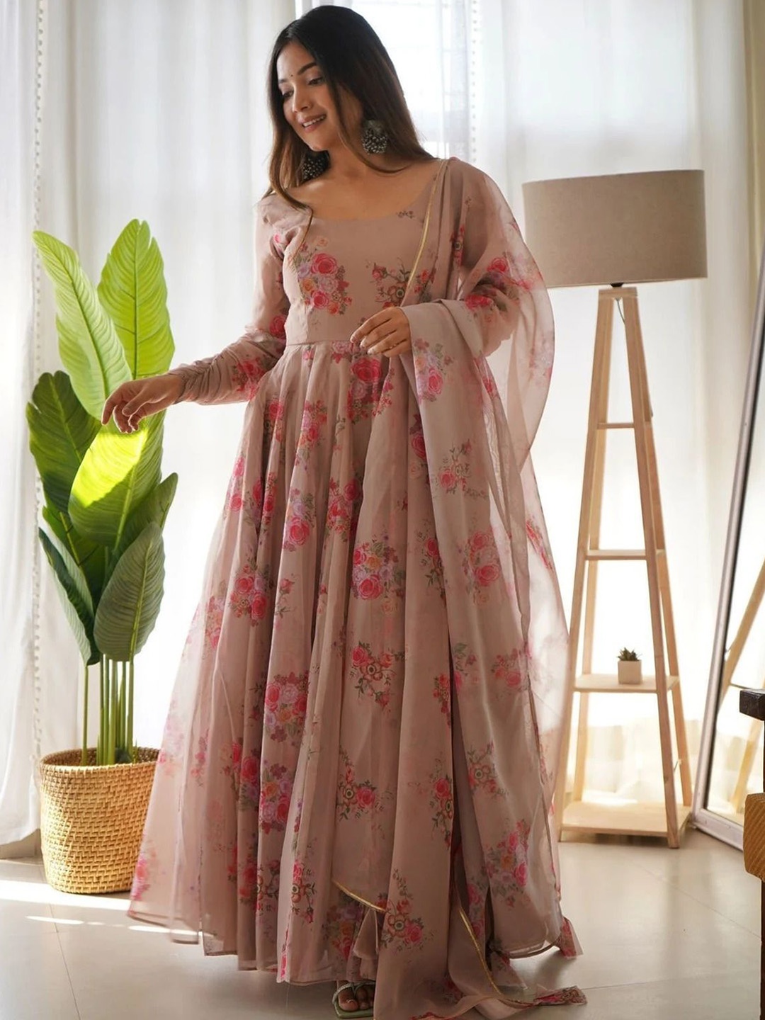 

Kedar Fab Floral Printed Georgette Panelled Anarkali Kurta With Dupatta, Beige