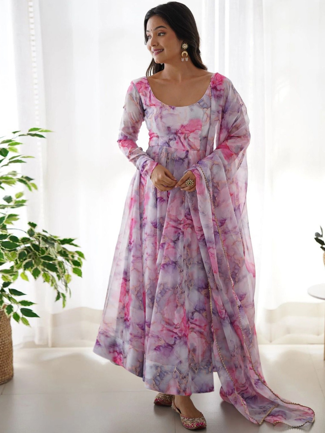 

Kedar Fab Floral Printed Georgette Anarkali Ethnic Dresses With Dupatta, White