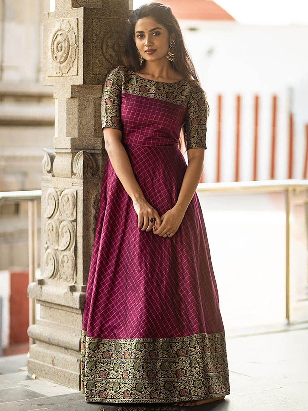 

Kedar Fab Geometric Woven Design Boat-Neck Anarkali Kurta, Purple