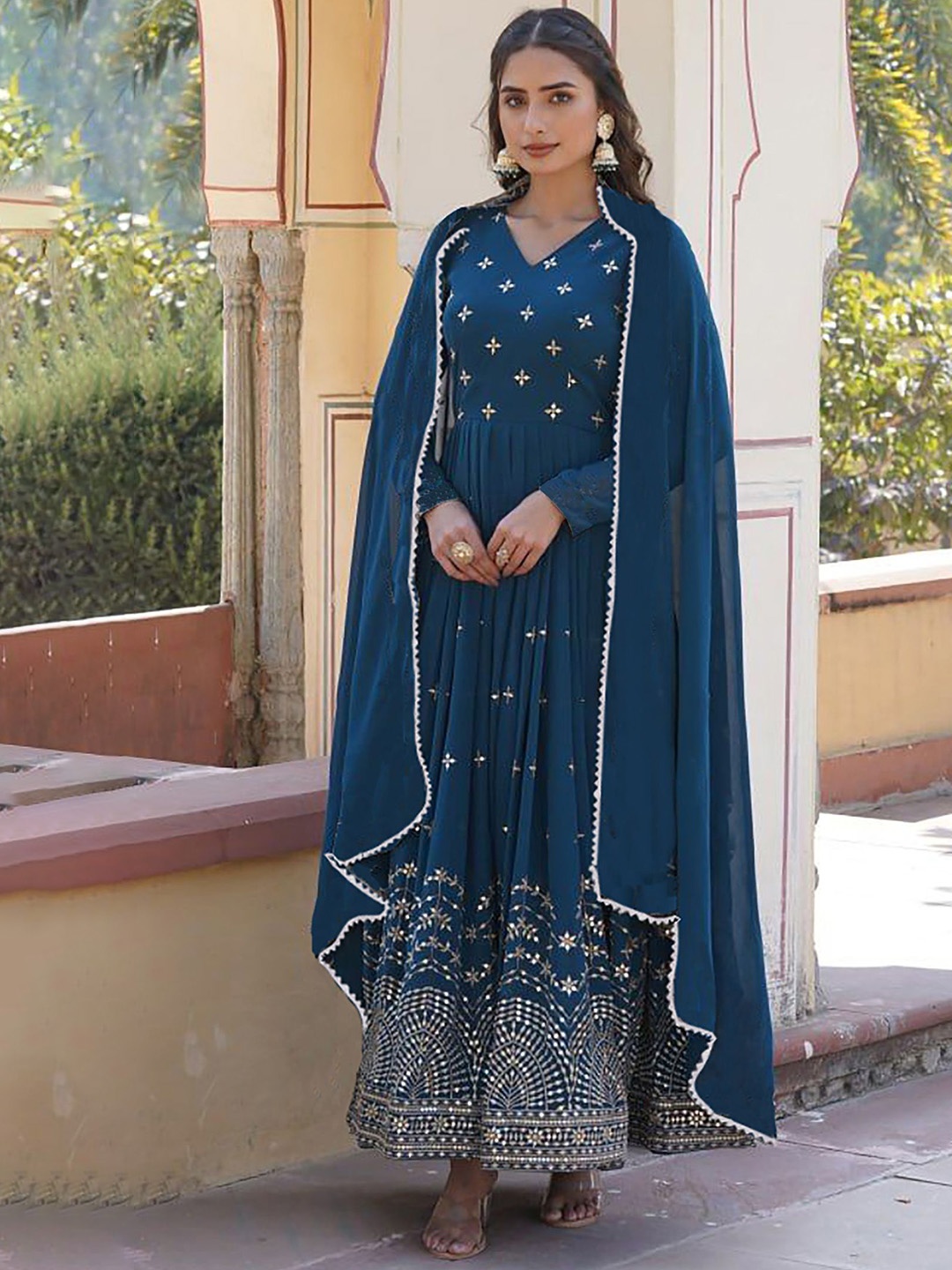 

Kedar Fab Ethnic Motifs Embroidered Mirror Work Georgette Anarkali Kurta With Dupatta, Blue