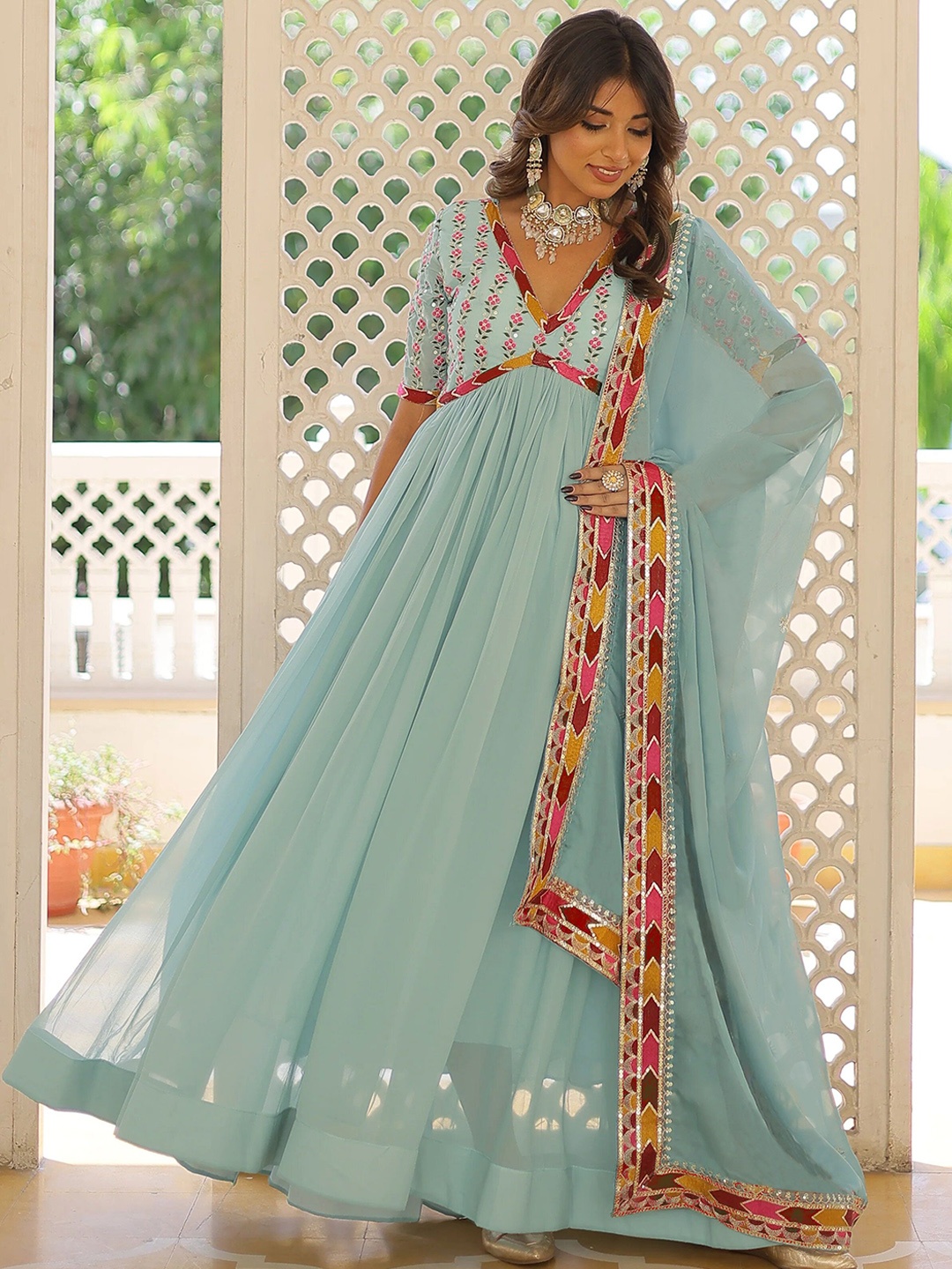 

Kedar Fab Floral Embroidered V-Neck Georgette Anarkali Kurta With Dupatta, Blue