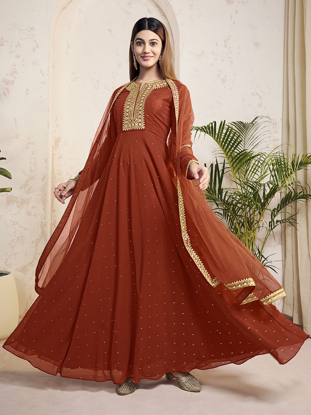 

Inddus Floral Mukaish Embroidered Floral Georgette Notch-Neck Anarkali Kurta With Dupatta, Rust