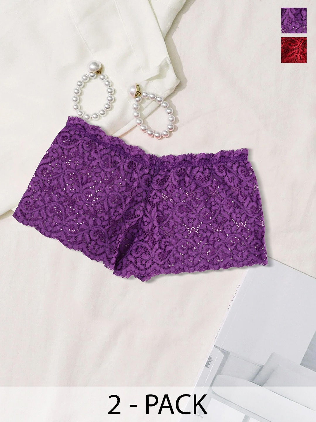 

SHREE GANESH FASHION Women Pack Of 2 Lace Self Design Boy Shorts, Purple