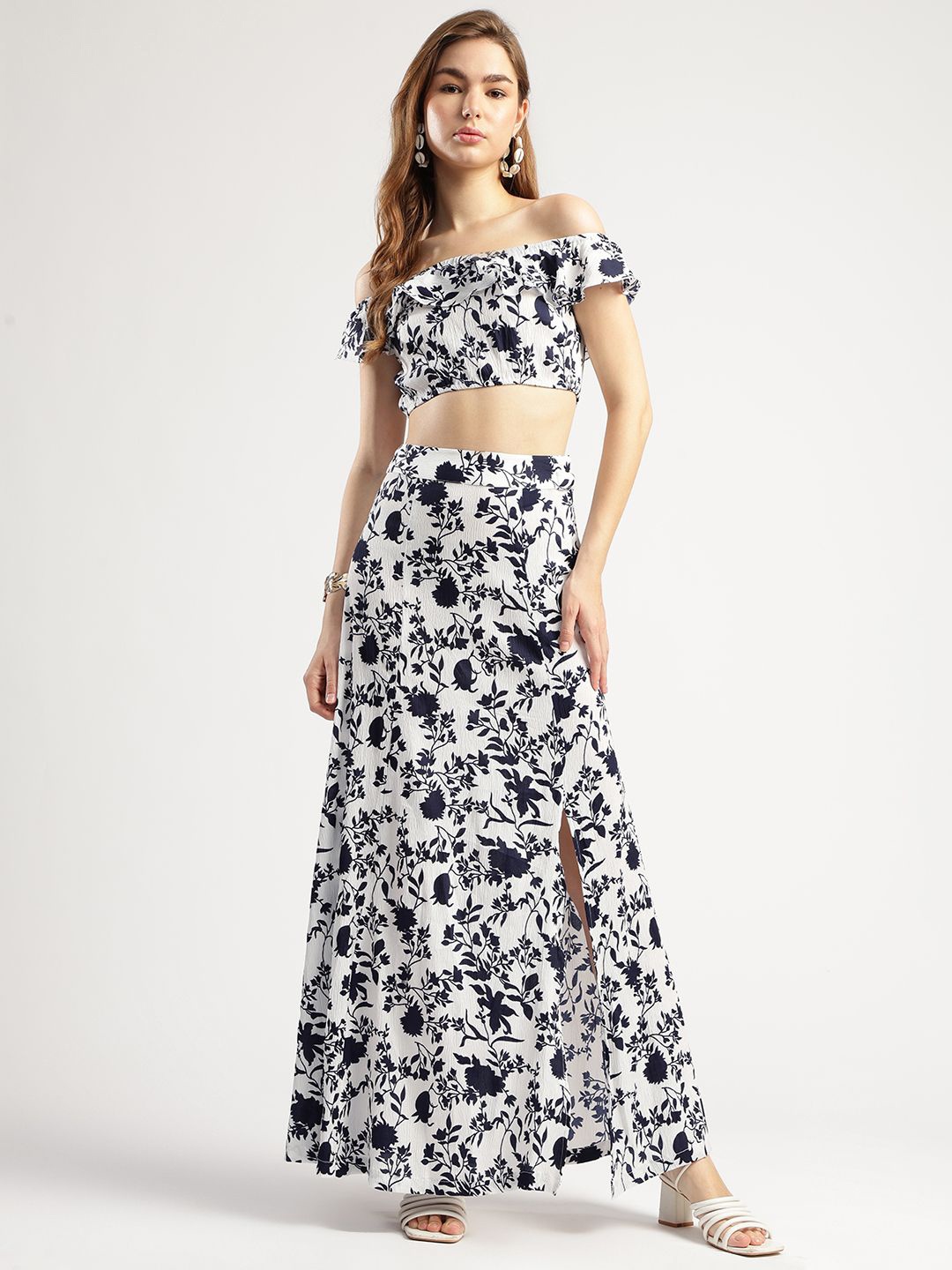 

T TRYON ULTIMATE Printed Off-Shoulder Top With Skirt, White