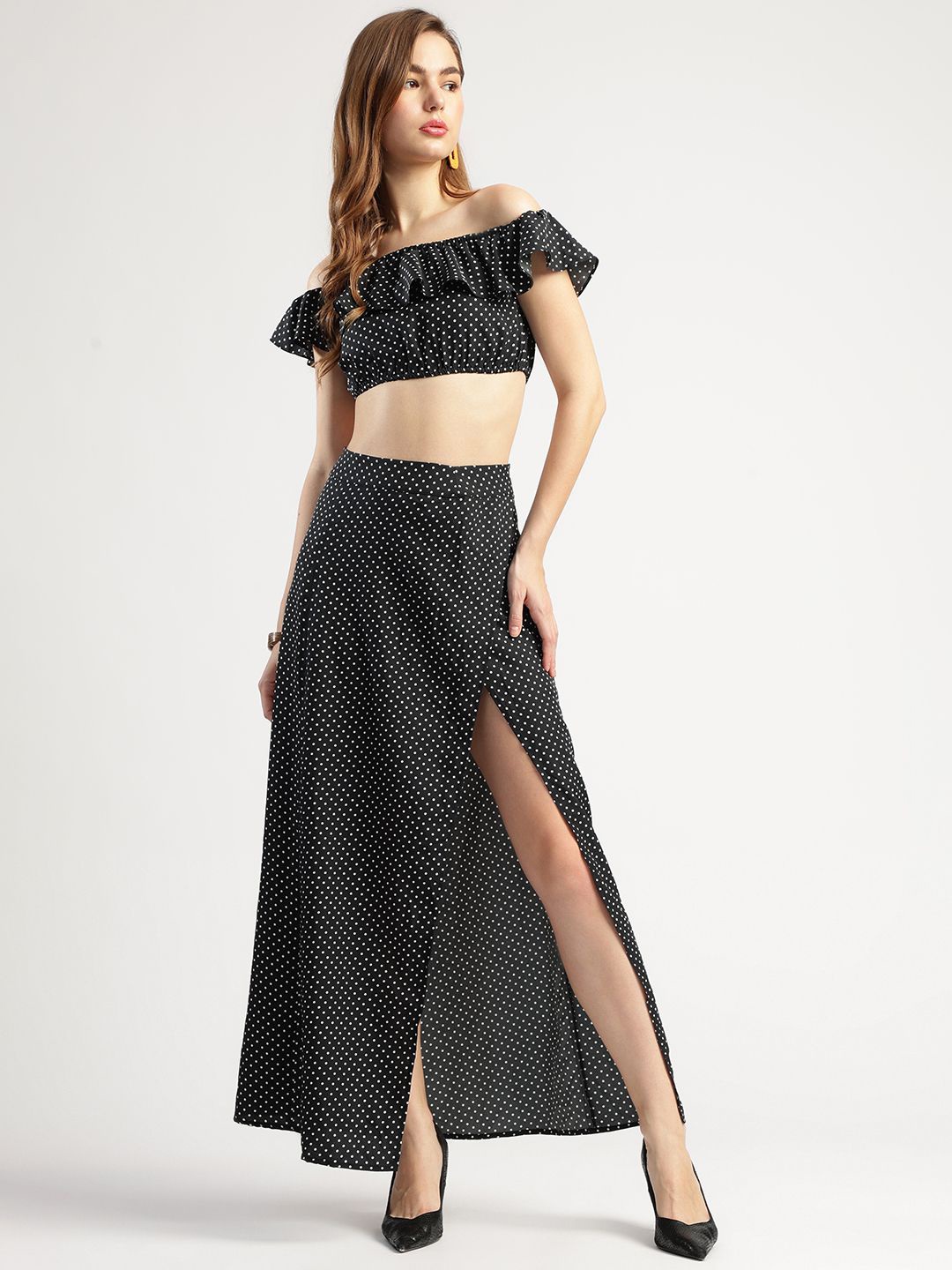 

T TRYON ULTIMATE Printed Off-Shoulder Top With Skirt, Black