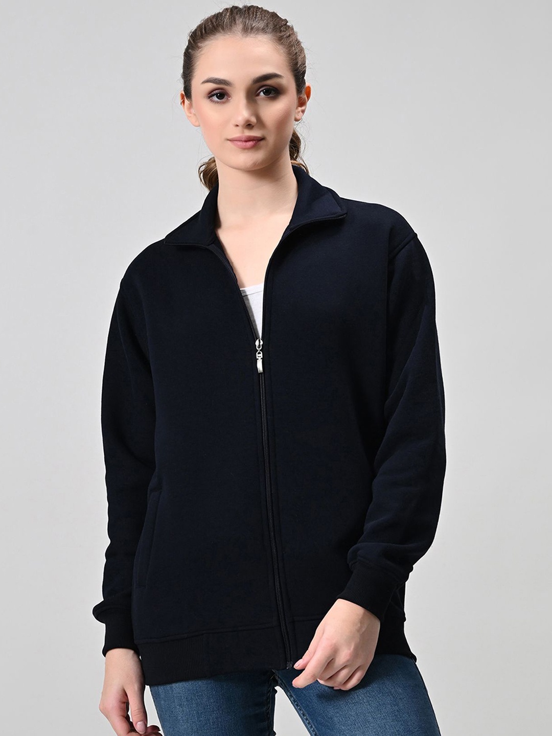 

BAESD Women Mock Collar Solid Fleece Casual Bomber Lightweight Jacket, Navy blue