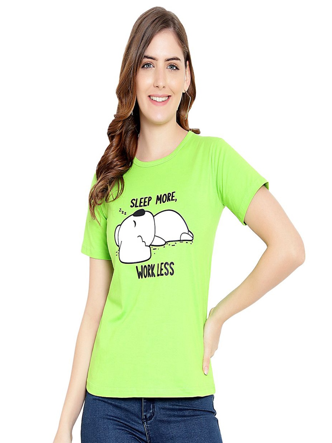 

DEEPMAYRA COLLECTION Women Typography Printed Round Neck Cotton T-shirt, Lime green
