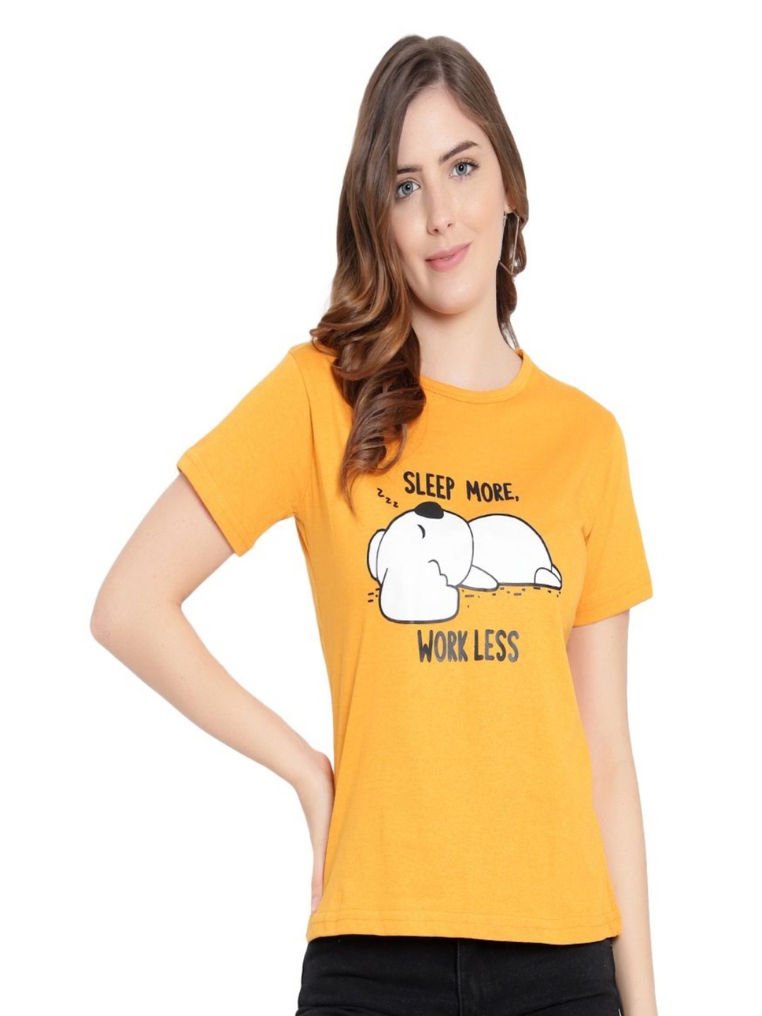 

DEEPMAYRA COLLECTION Women Typography Printed Round Neck Cotton T-shirt, Mustard
