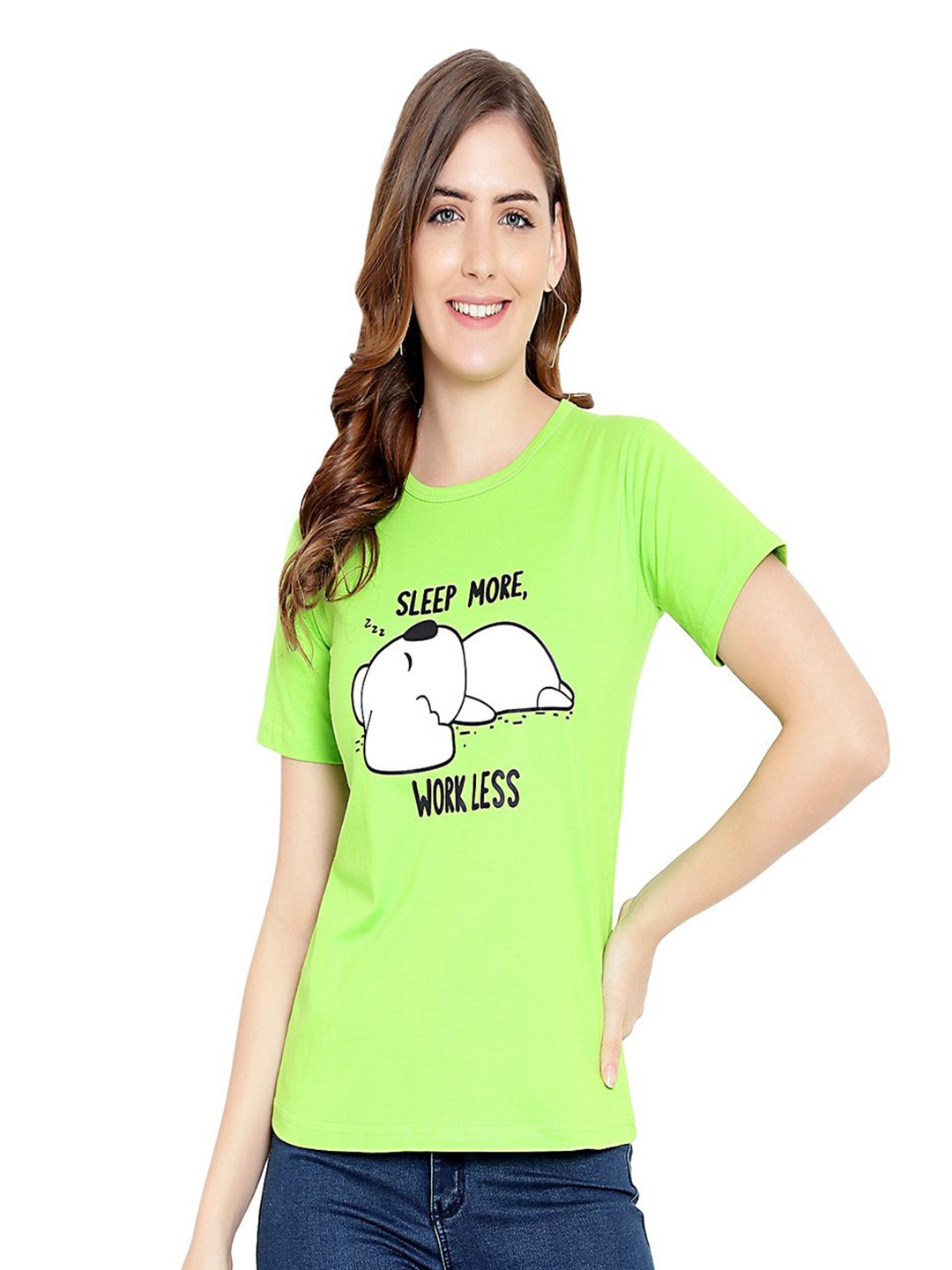 

DEEPMAYRA COLLECTION Women Typography Printed Round Neck Cotton T-shirt, Lime green