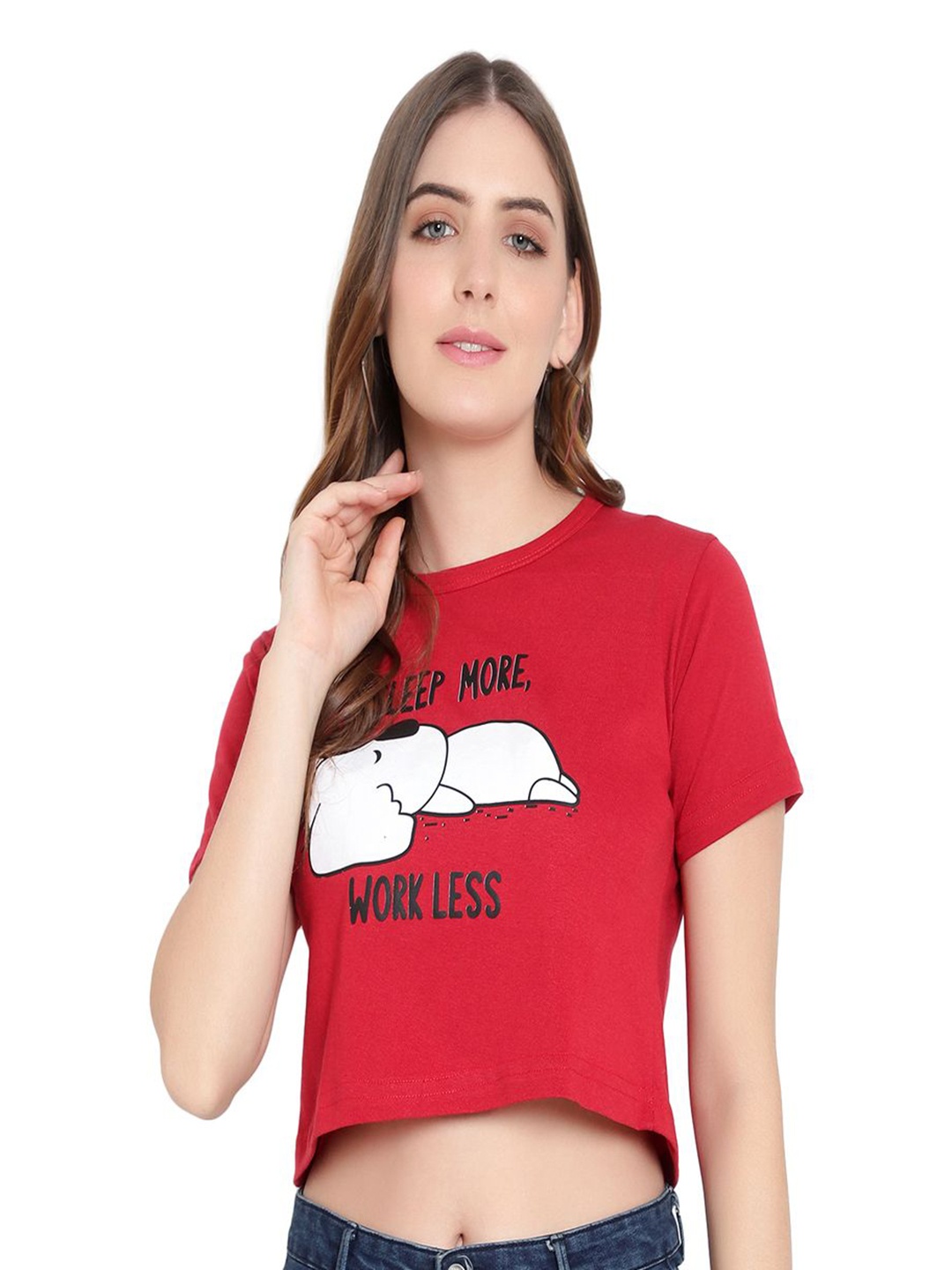 

DEEPMAYRA COLLECTION Women Typography Printed Round Neck Cotton T-shirt, Red