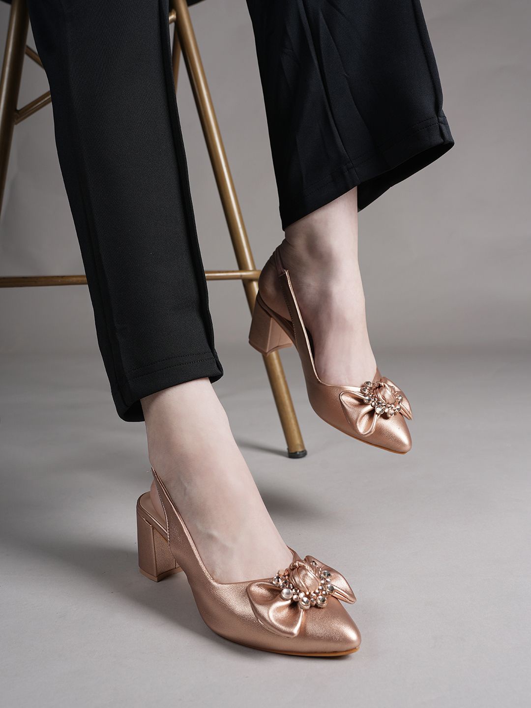 

Lavie Women Embellished Block Heel Pumps with Bows, Rose gold