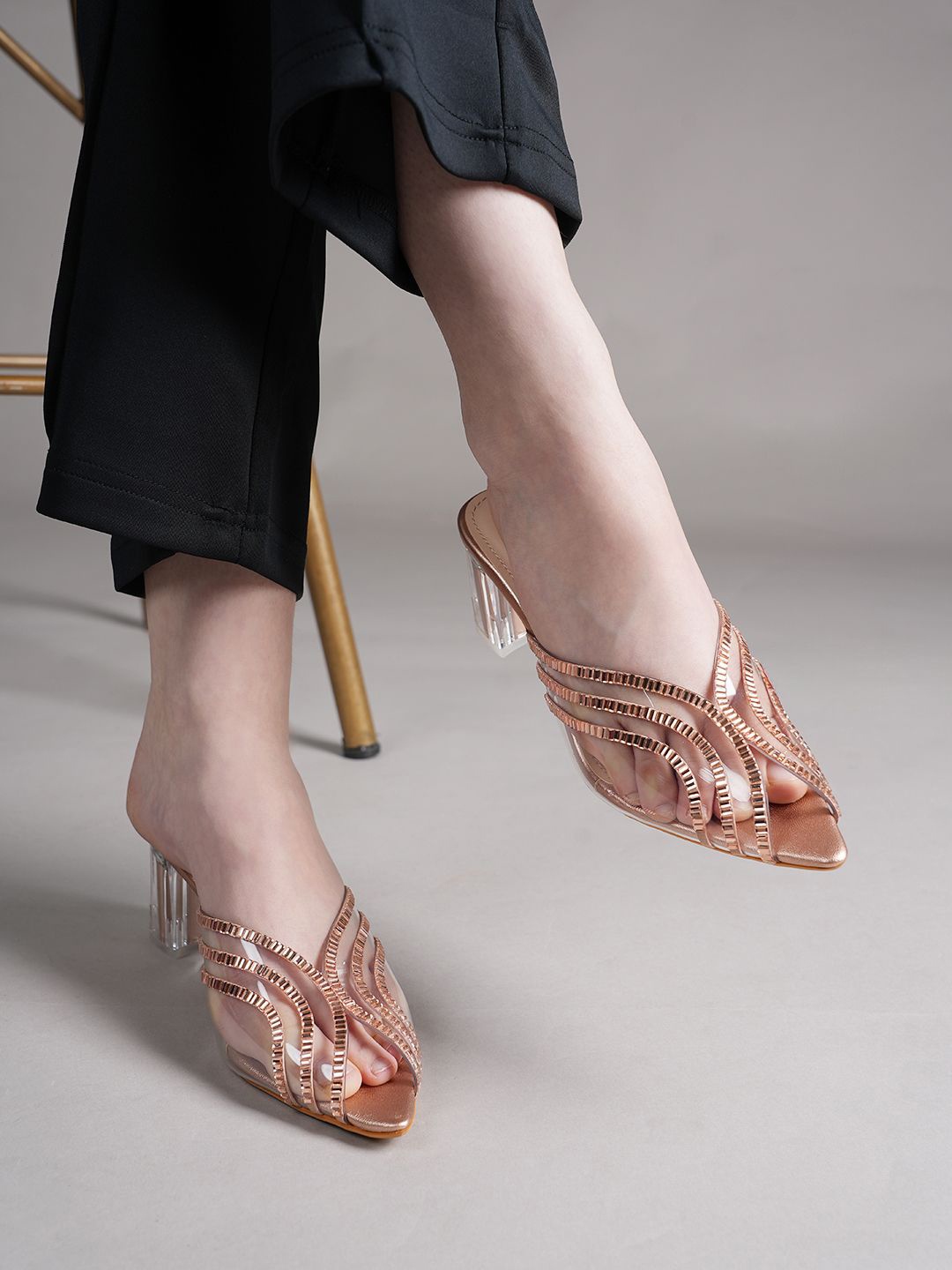 

Lavie Embellished Block Heel Peep Toes, Rose gold