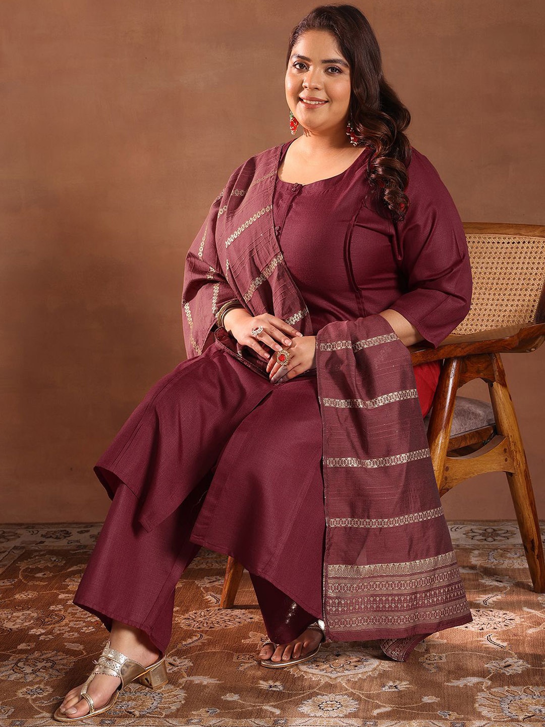 

EXTRA LOVE BY LIBAS Plus Size Pleated Kurta With Trousers & Dupatta, Maroon