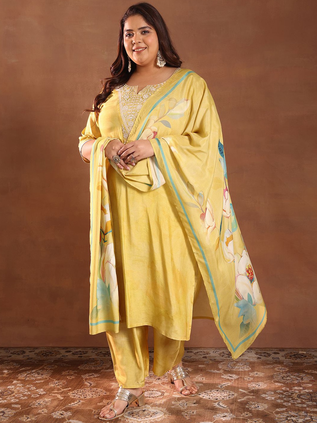 

EXTRA LOVE BY LIBAS Plus Size Floral Embroidered Straight Kurta With Trouser & Dupatta, Yellow