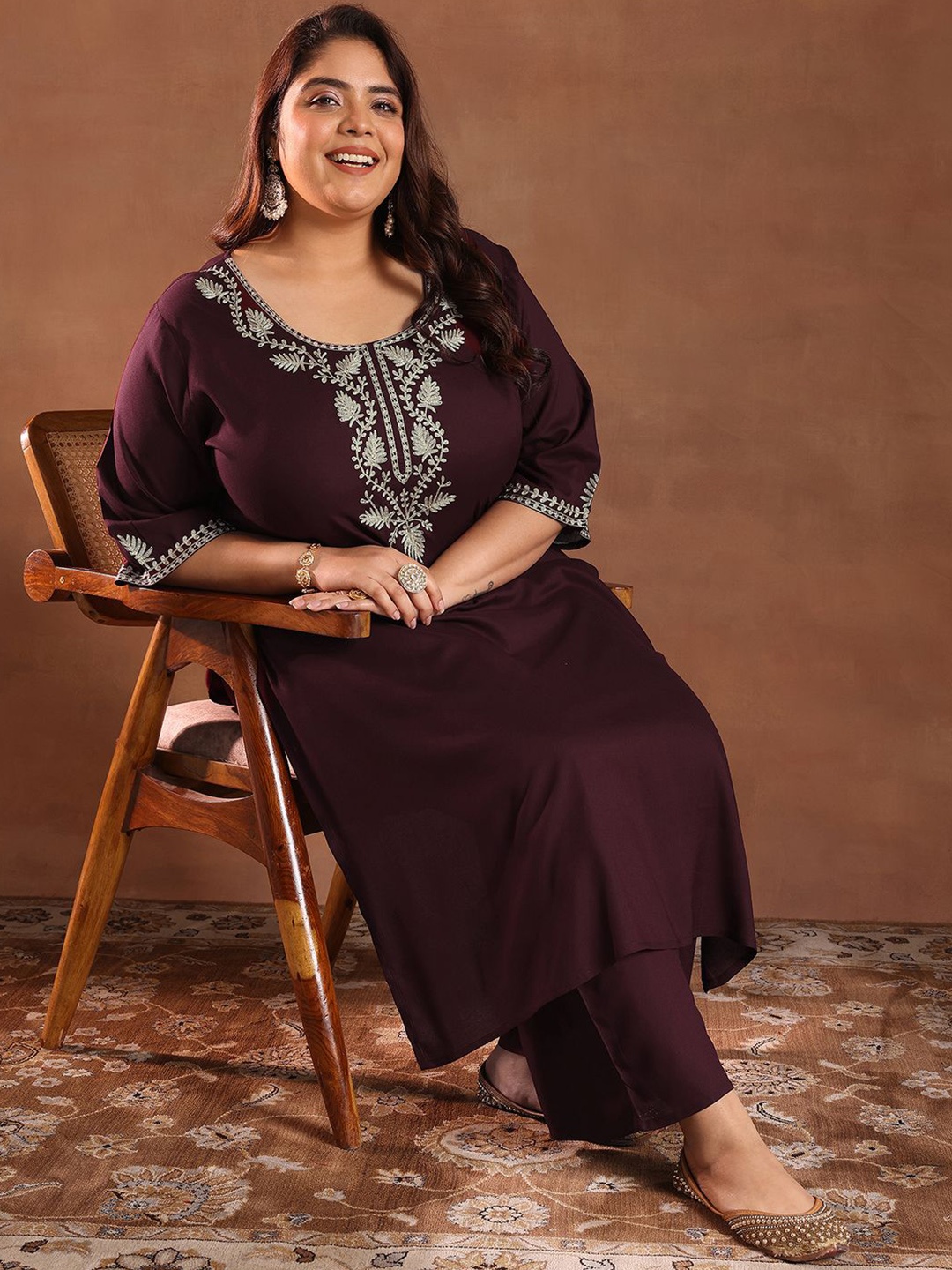 EXTRA LOVE BY LIBAS Plus Size Floral Yoke Design Zari Flared Sleeves Straight Kurta Set, Burgundy