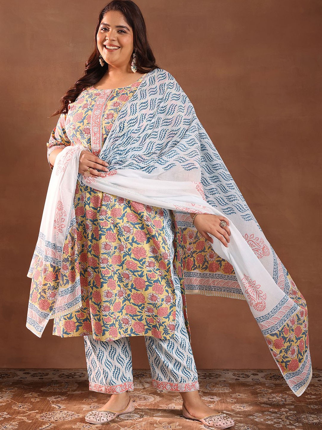 

EXTRA LOVE BY LIBAS Plus Size Floral Printed Pure Cotton Kurta With Trouser And Dupatta, Yellow