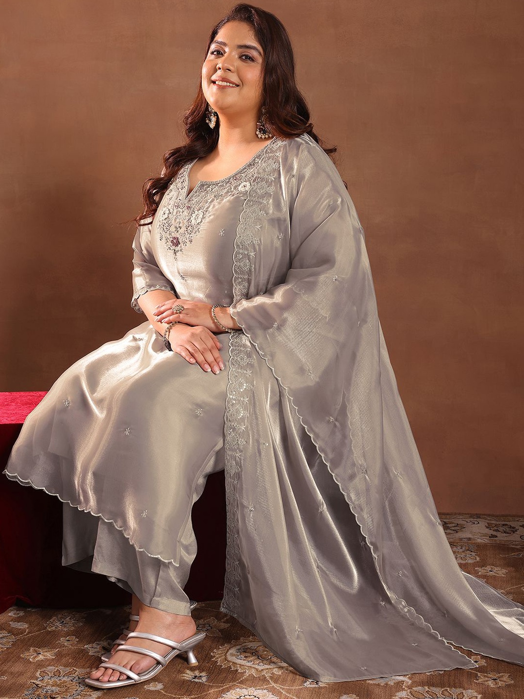 

EXTRA LOVE BY LIBAS Plus Size Floral Embroidered Beads & Stones Kurta & Trouser & Dupatta, Taupe