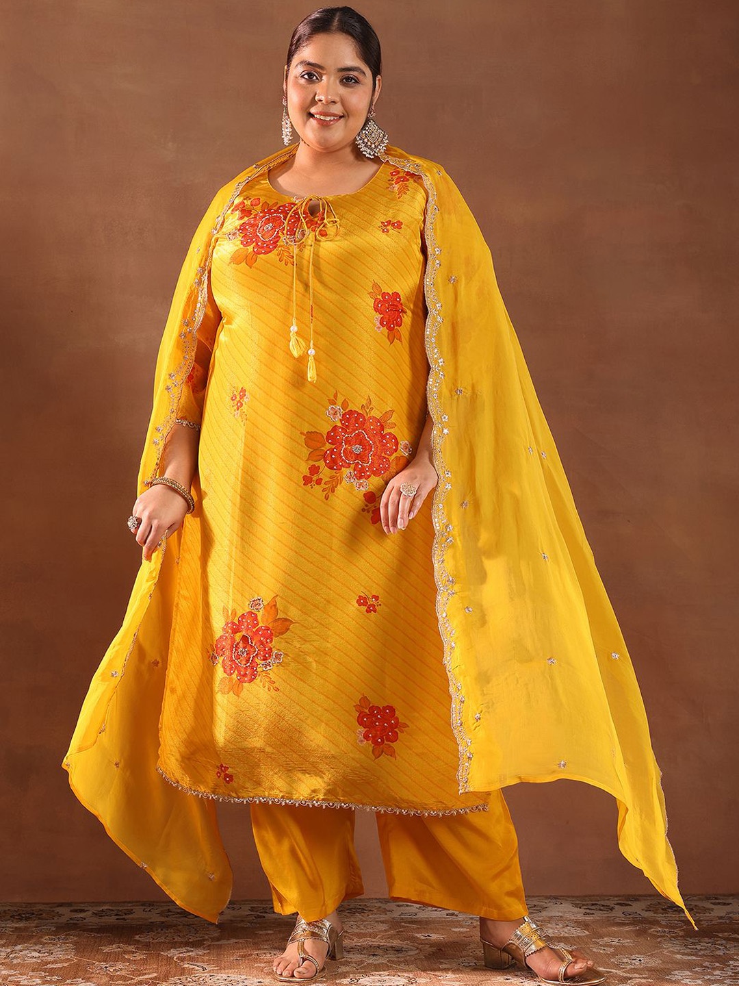 

EXTRA LOVE BY LIBAS Plus Size Floral Printed Beads And Stones Kurta & Trousers & Dupatta, Mustard