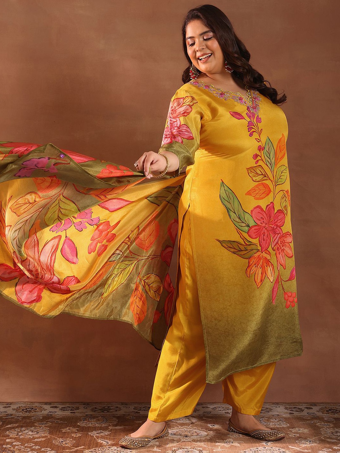 

EXTRA LOVE BY LIBAS Plus Size Floral Printed Thread Work Kurta With Trousers & Dupatta, Mustard