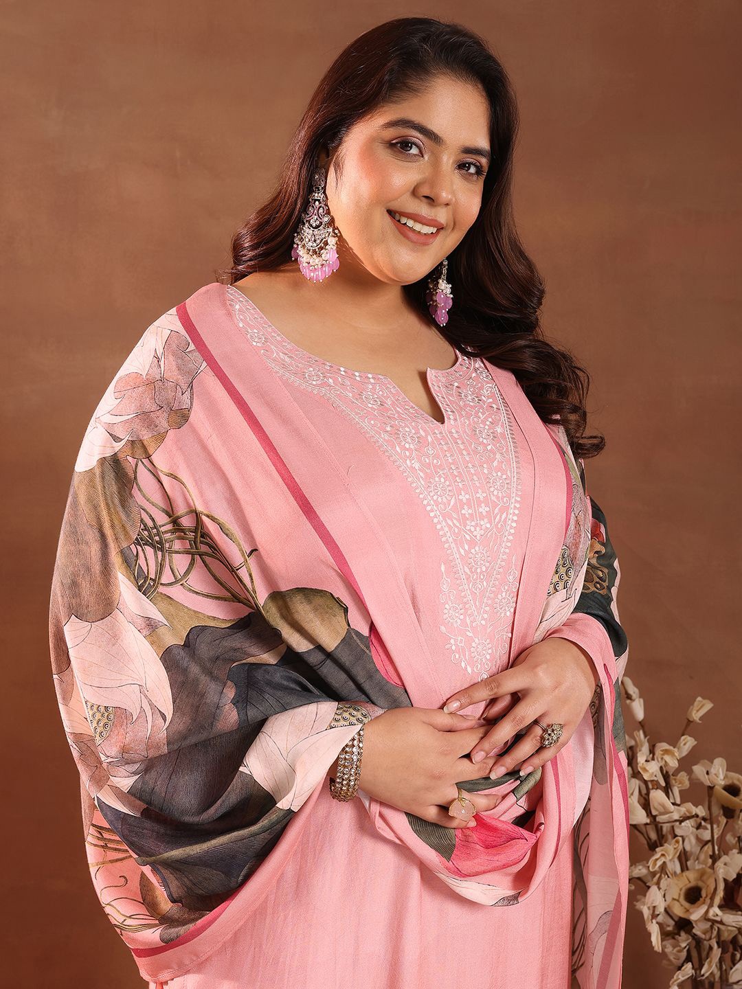 

EXTRA LOVE BY LIBAS Plus Size Floral Embroidered Straight Kurta With Trouser & Dupatta, Pink