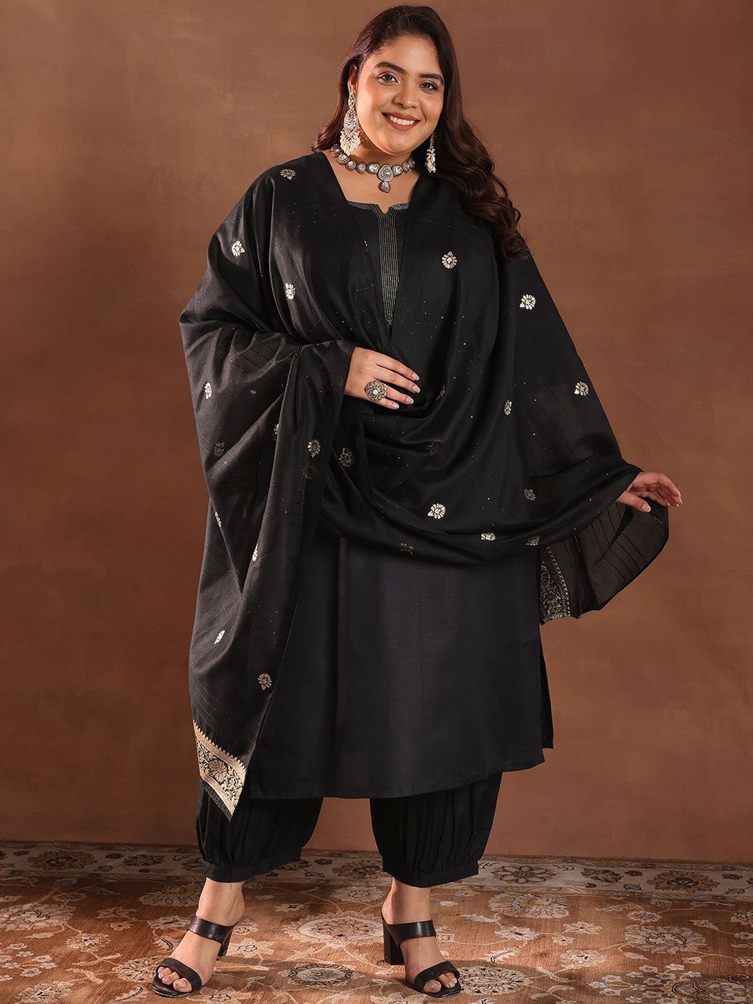 EXTRA LOVE BY LIBAS Plus Size Round Neck Zari Work Kurta With Salwar & Dupatta, Black