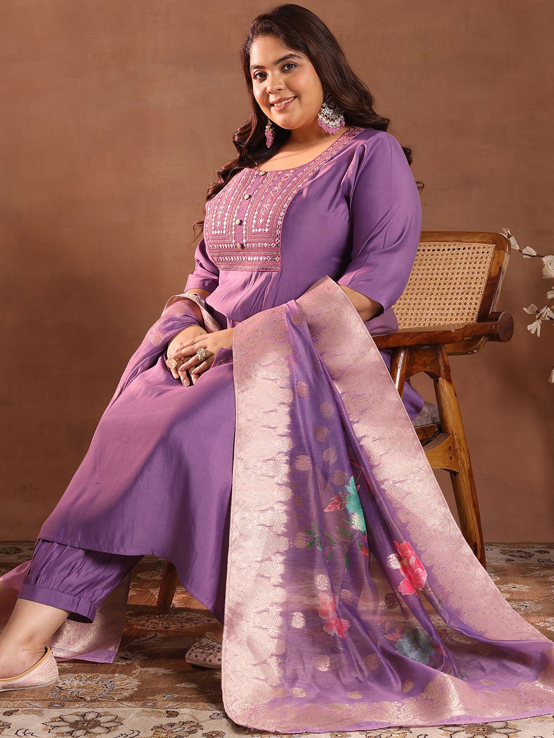 EXTRA LOVE BY LIBAS Plus Size Floral Yoke Design Regular Kurta with Salwar & With Dupatta, Purple