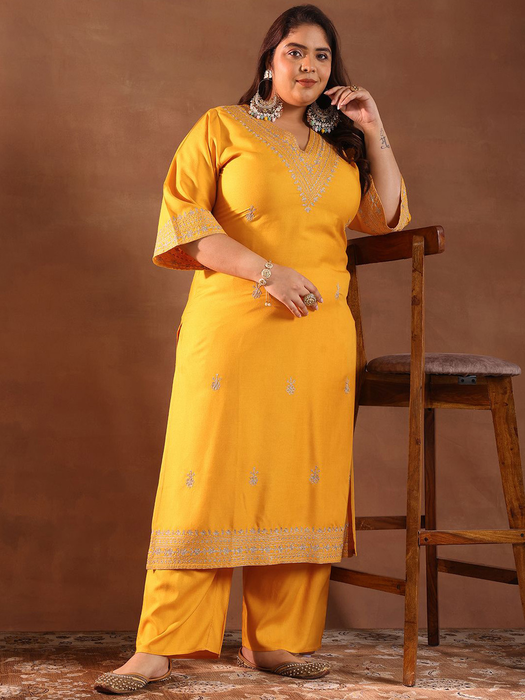 

EXTRA LOVE BY LIBAS Plus Size Floral Embroidered Zari Flared Sleeves Kurta With Palazzos, Yellow