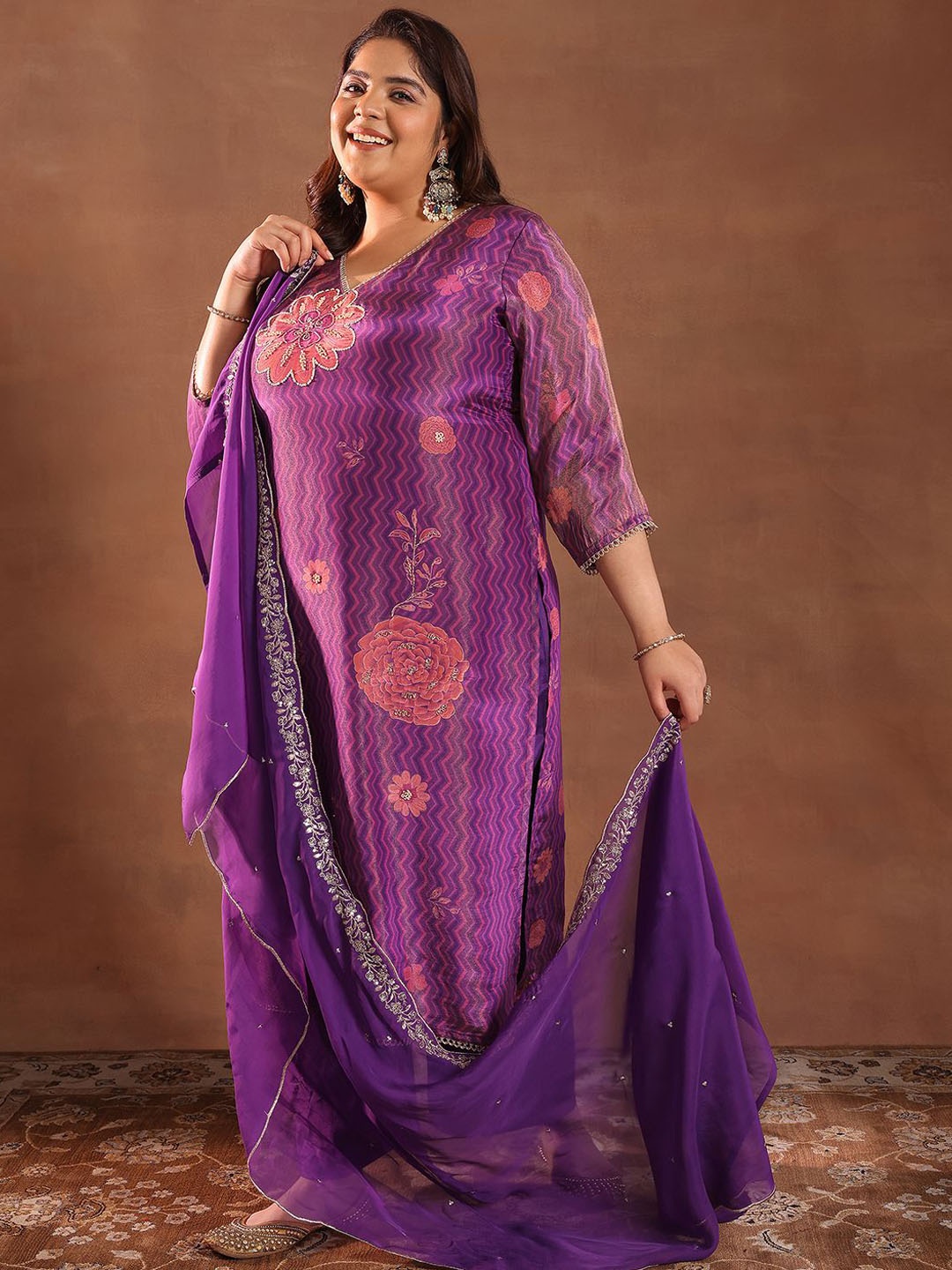 

EXTRA LOVE BY LIBAS Plus Size Floral Printed Beads and Stones Kurta With Trouser & Dupatta, Purple