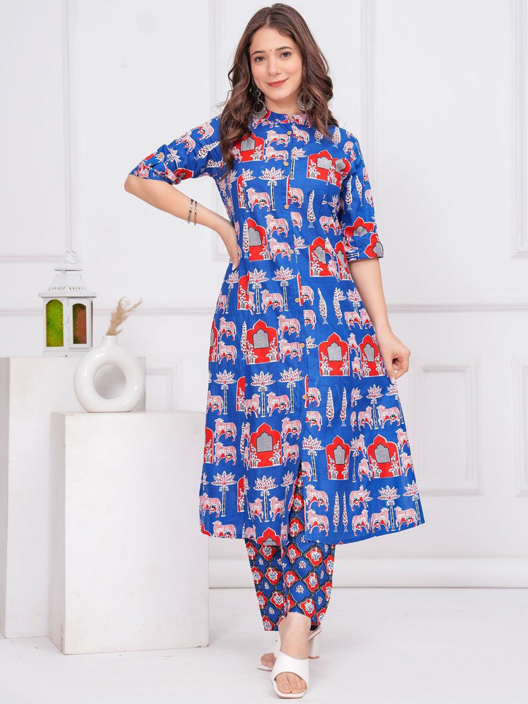 

SIJOPA Abstract Printed Mandarin Collar Pure Cotton A-Line Kurta with Trousers, Blue