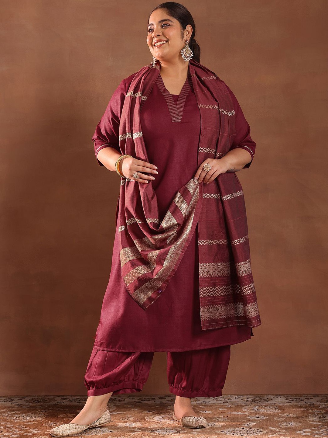 

EXTRA LOVE BY LIBAS Plus Size Thread Work Kurta With Salwar & Dupatta, Maroon
