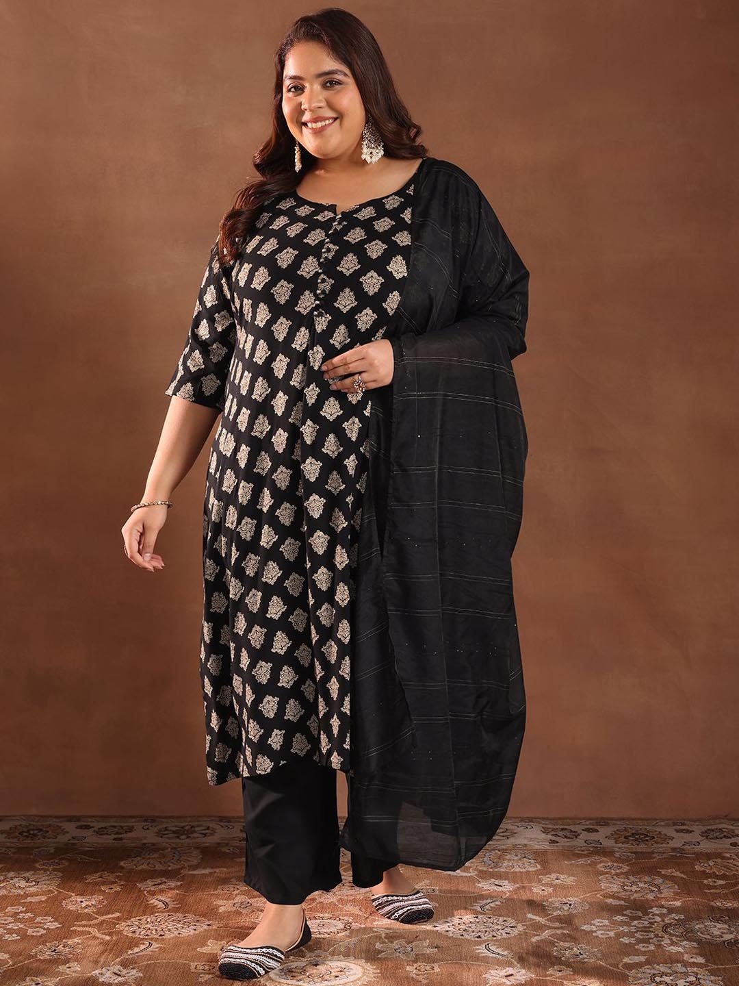 

EXTRA LOVE BY LIBAS Plus Size Ethnic Motifs Printed Kurta With Trousers & Dupatta, Black