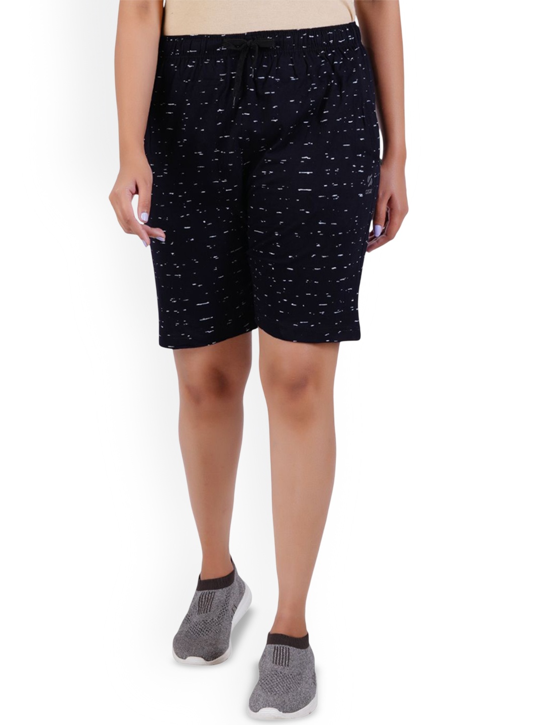 FEEL TRACK Women Geometric Printed Cotton Regular Shorts, Navy blue