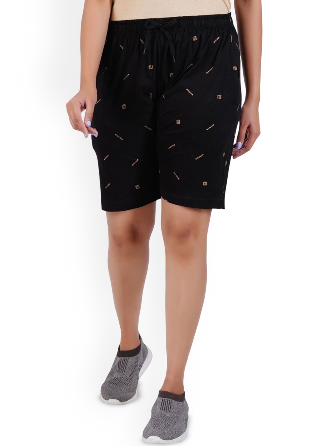

FEEL TRACK Women Printed Cotton Sports Shorts, Black