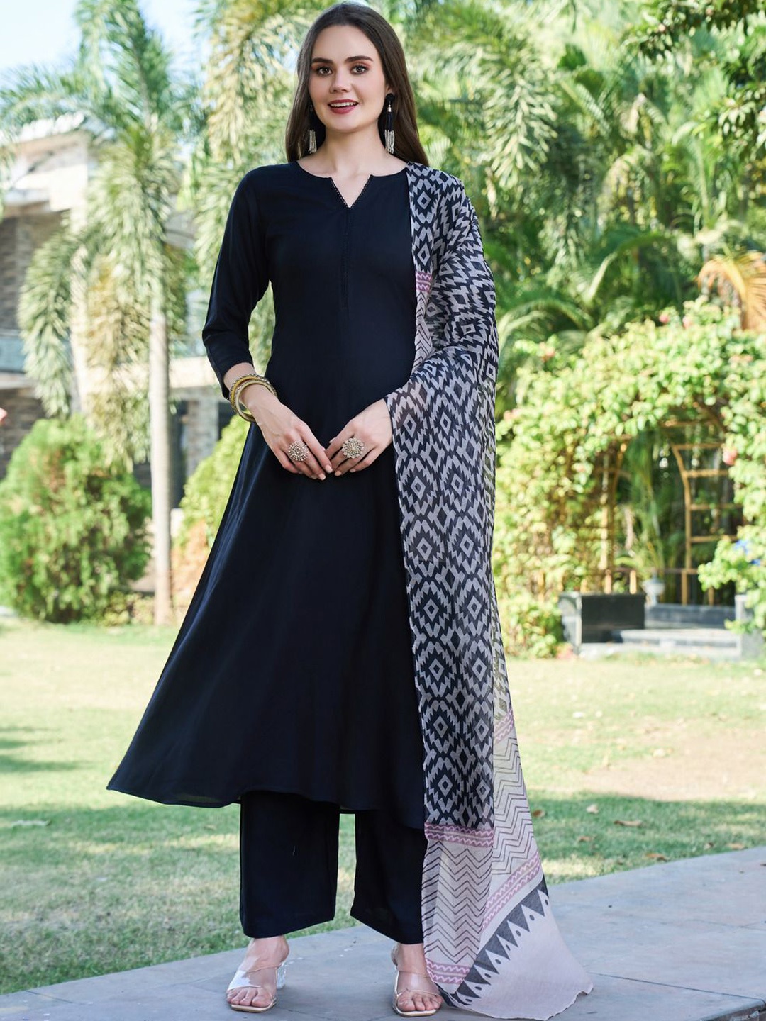 

KALINI Notch Neck A-line Kurta With Trousers And Dupatta, Black