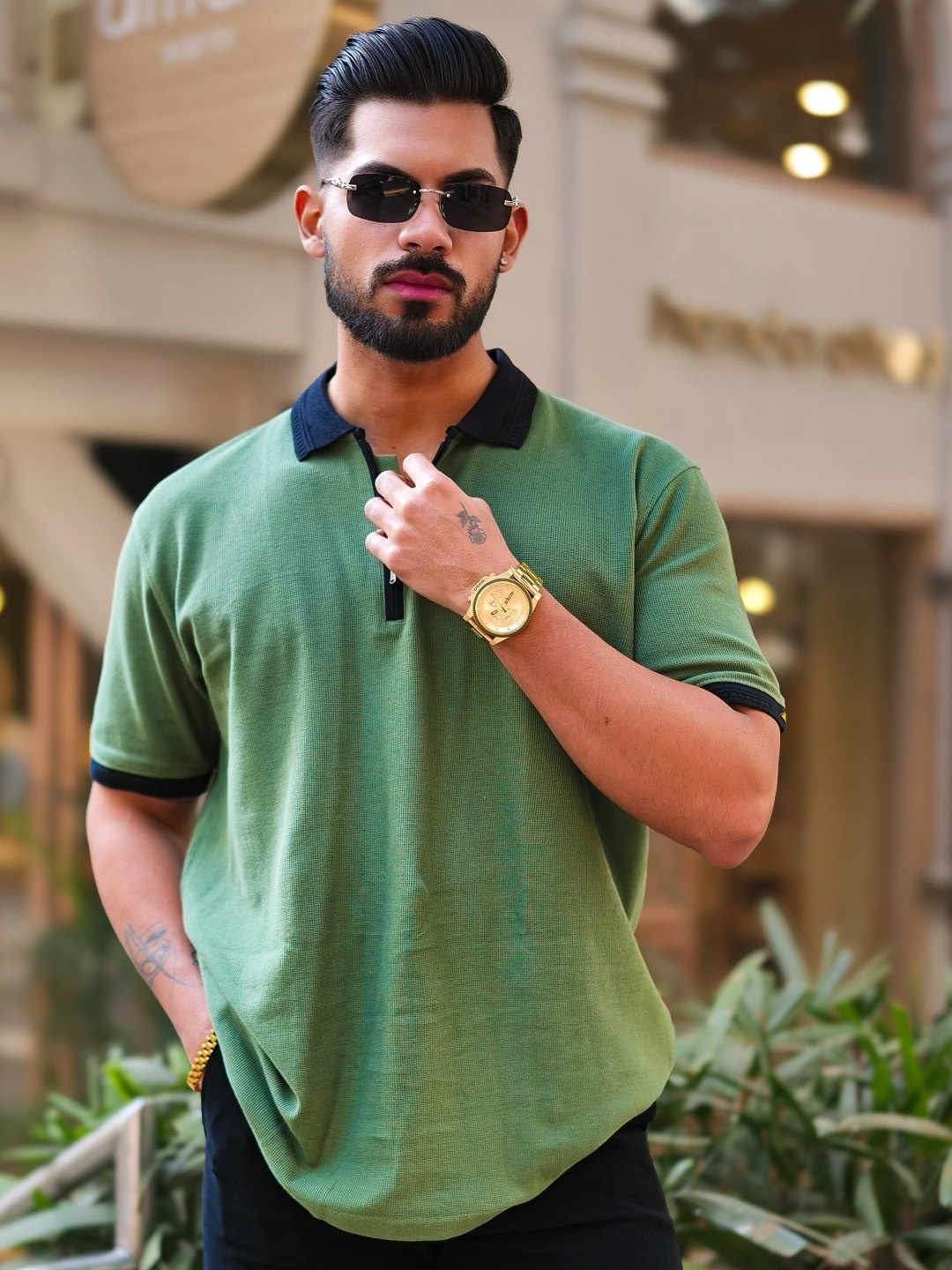 

Maniac Men Solid Polo Collar Cotton Oversized T-shirt, Green