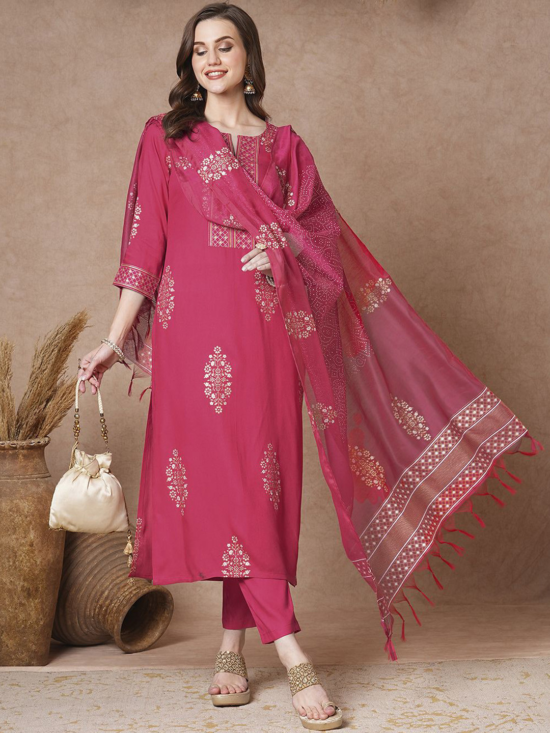 

KALINI Floral Printed Notch Neck Straight Kurta With Trousers And Dupatta, Pink