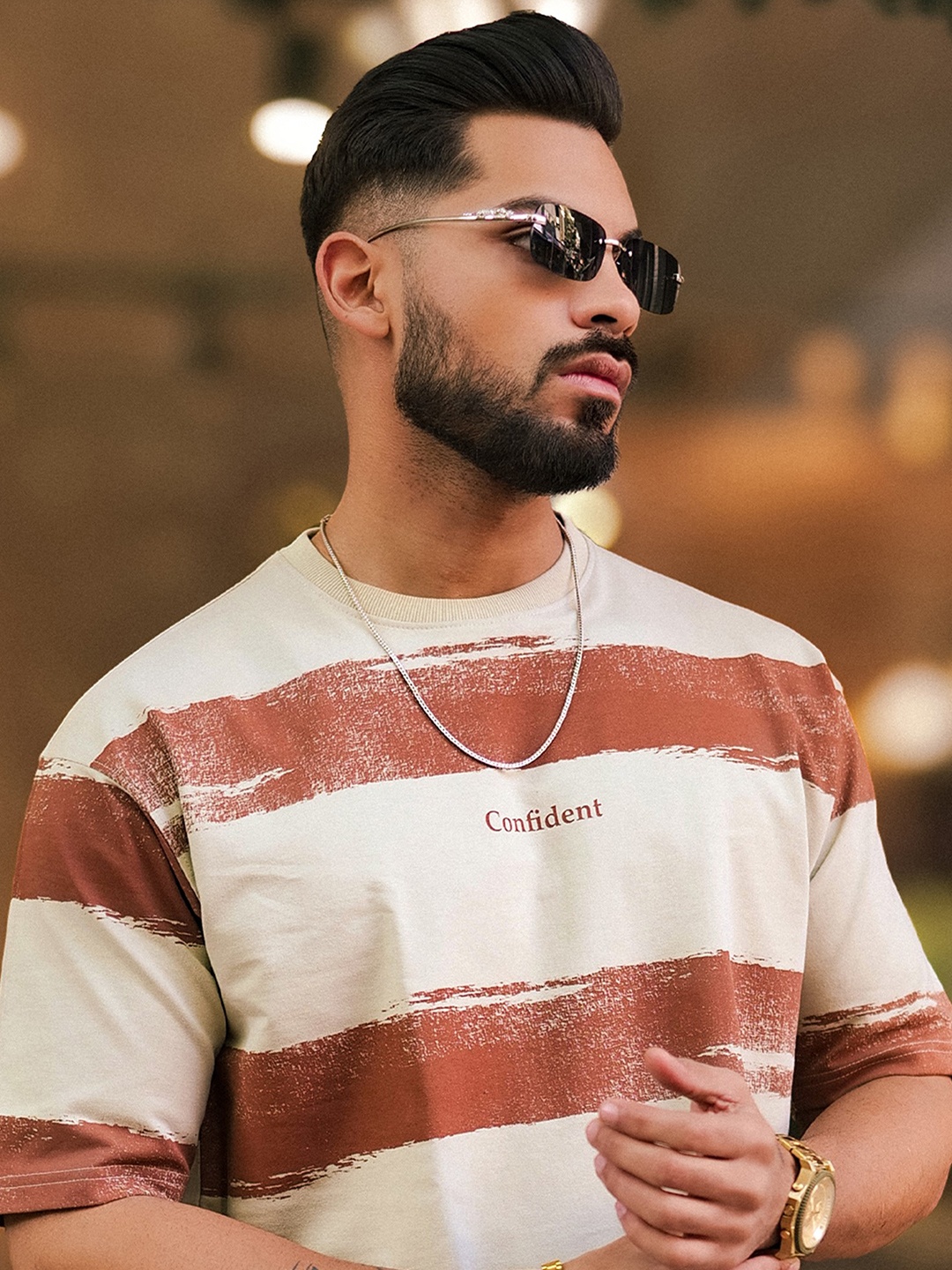 Maniac Men Striped Round Neck Cotton Oversized T-shirt, Brown