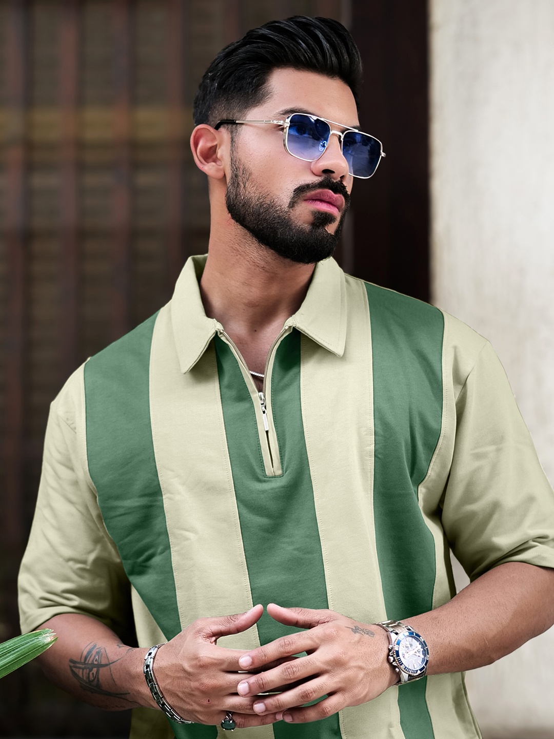 

Maniac Men Striped Polo Collar Cotton Oversized T-shirt, Green